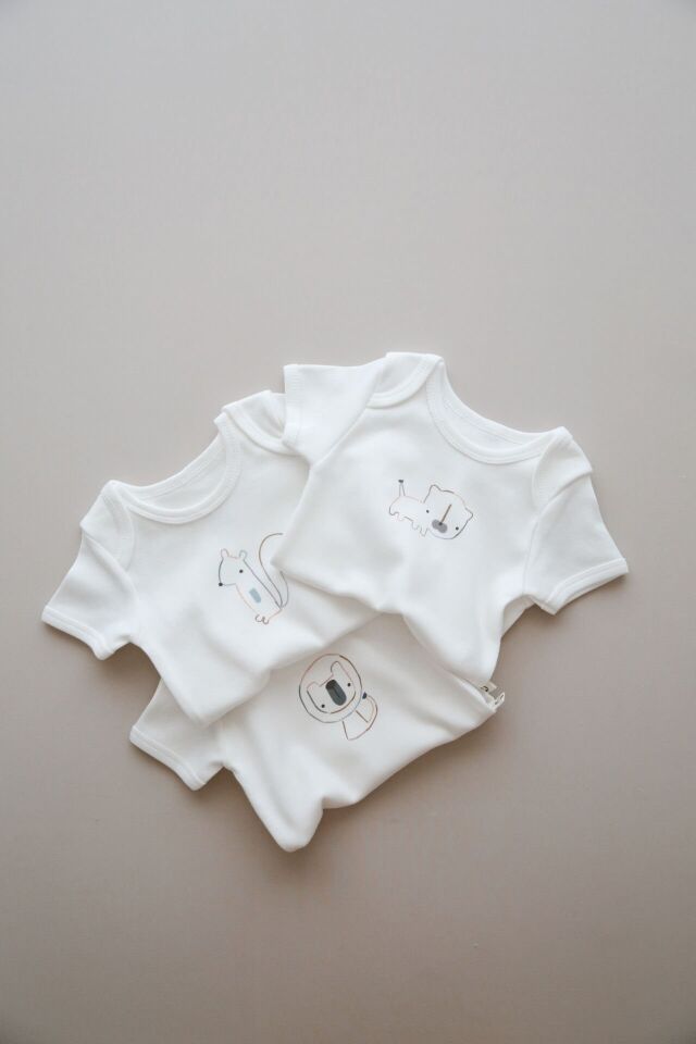 3'lü Çizgi Hayvan Desenli Çıtçıtlı Zıbın Body Seti