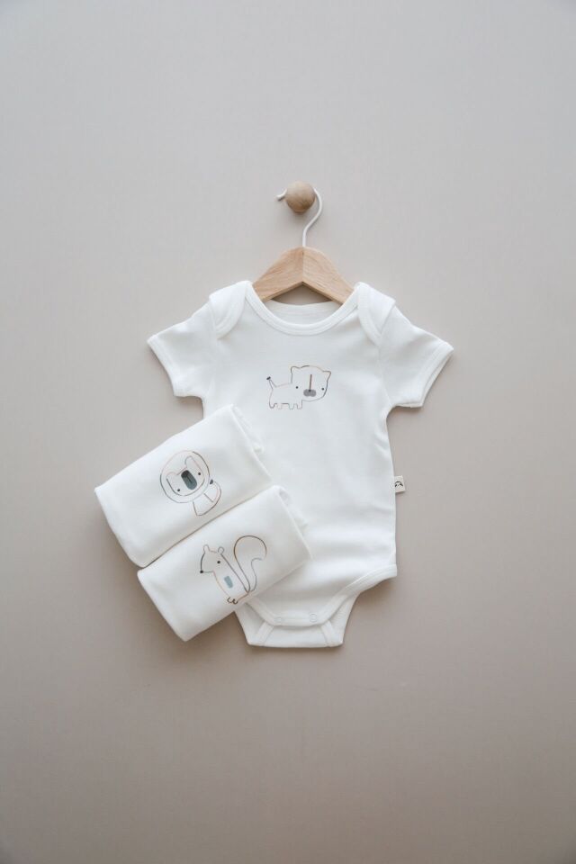 3'lü Çizgi Hayvan Desenli Çıtçıtlı Zıbın Body Seti